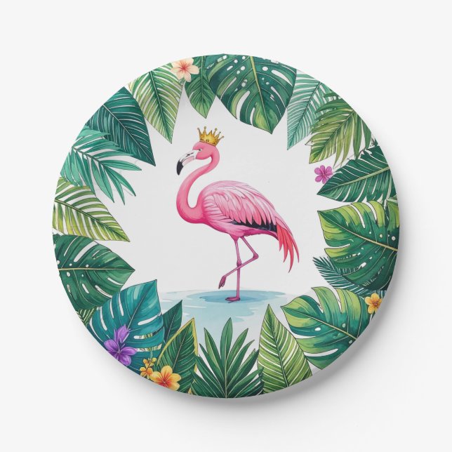 Plato De Papel Lush Leafy | Elegante Flamingo Rosa Crown Tropical (Anverso)