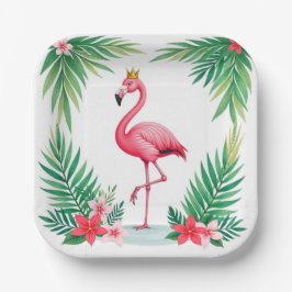 Plato De Papel Lush Leafy | Elegante Flamingo Rosa Crown Tropical