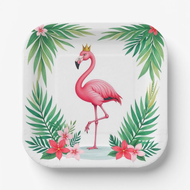 Plato De Papel Lush Leafy | Elegante Flamingo Rosa Crown Tropical (Anverso)