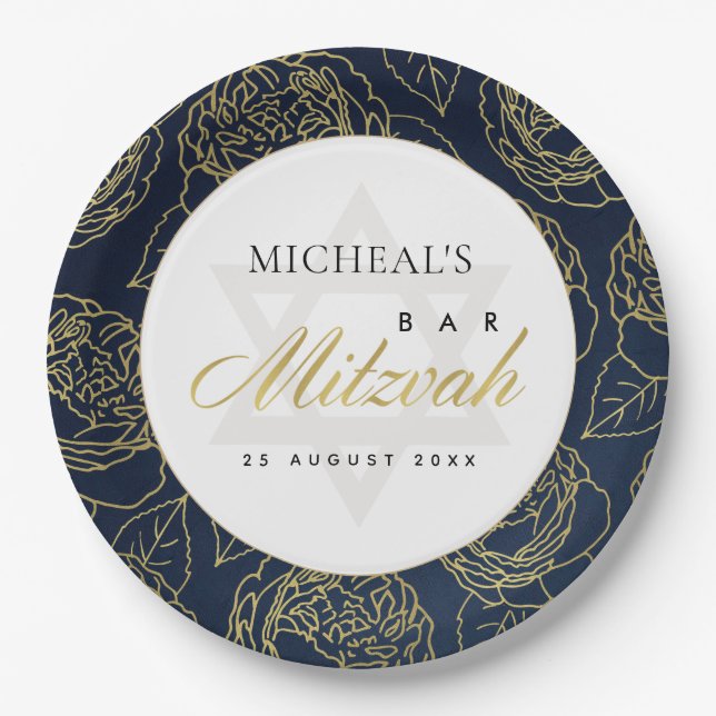PLATO DE PAPEL LUX GOLD NAVY ROSA AZUL FLORAL BAR MITZVAH (Anverso)