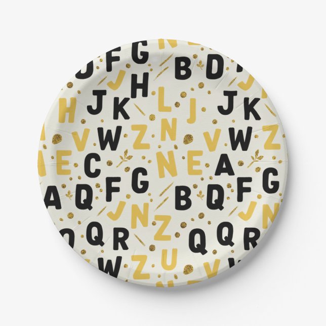 Plato De Papel Luxe Gold and Black Alphabet (Anverso)