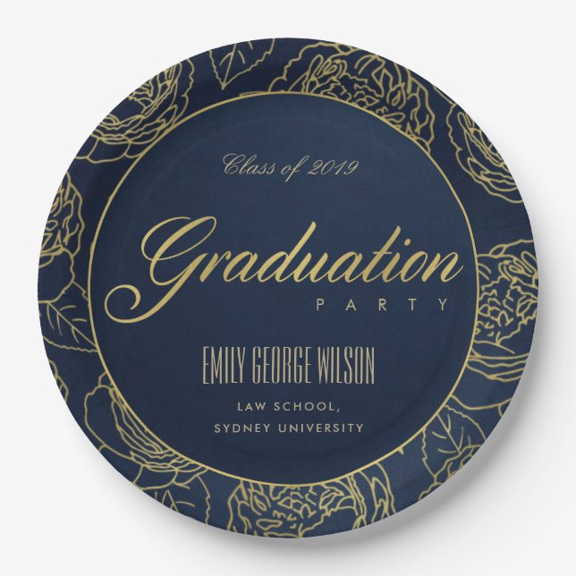 PLATO DE PAPEL LUXE GOLD NAVY ELEGANTE ROSA DE GRADUACIÓN FLORAL (Anverso)