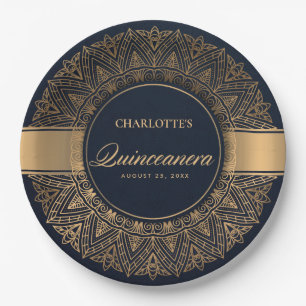 PLATO DE PAPEL LUXE NAVY ORO CLÁSICO MANDALA QUINCEANERA