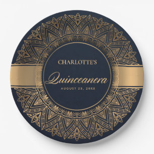 PLATO DE PAPEL LUXE NAVY ORO CLÁSICO ORNADO MANDALA QUINCEANERA