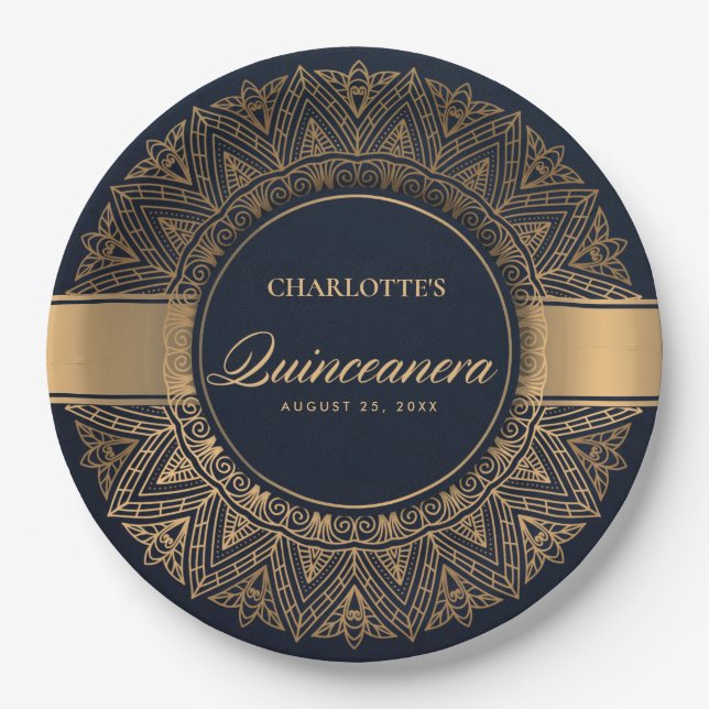 PLATO DE PAPEL LUXE NAVY ORO CLÁSICO ORNADO MANDALA QUINCEANERA (Anverso)