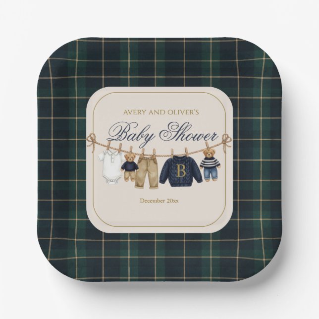 Plato De Papel Luxsary Teddy Bear Plaid Baby Shower Paper Plate (Anverso)
