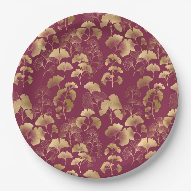 Plato De Papel Luxurious Gold Ginkgo Leaves on Deep Burgundy (3) (Anverso)