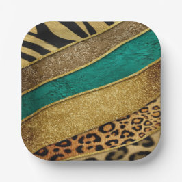 Plato De Papel Luxury Emerald & Gold Safari Leopard Zebra Glitter
