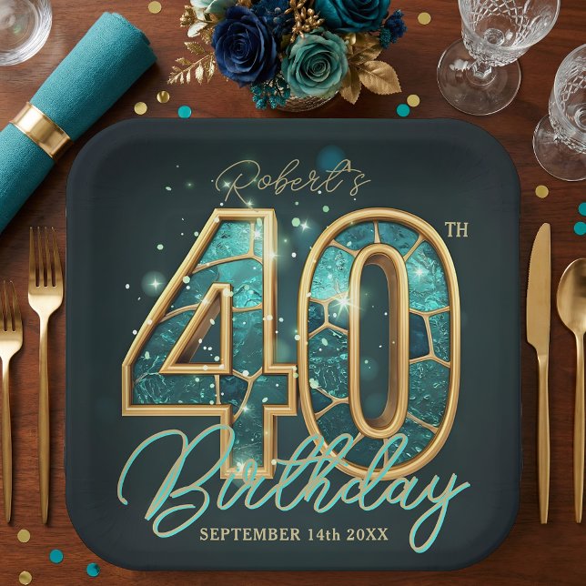 Plato De Papel Luxury Glam Teal Gold Agate 40th Birthday Party (Subido por el creador)