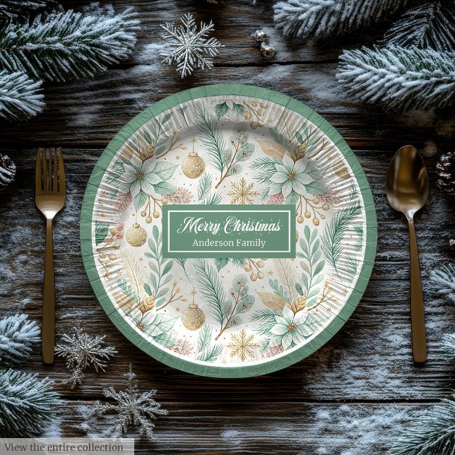 Plato De Papel Luxury Paper Plates White Poinsettia Sage and gold (Luxury Paper Plates White Poinsettia Sage and gold)
