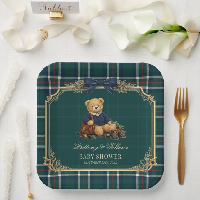 Plato De Papel Luxury Preppy Teddy Bear Plaid Baby Shower  (Boda)
