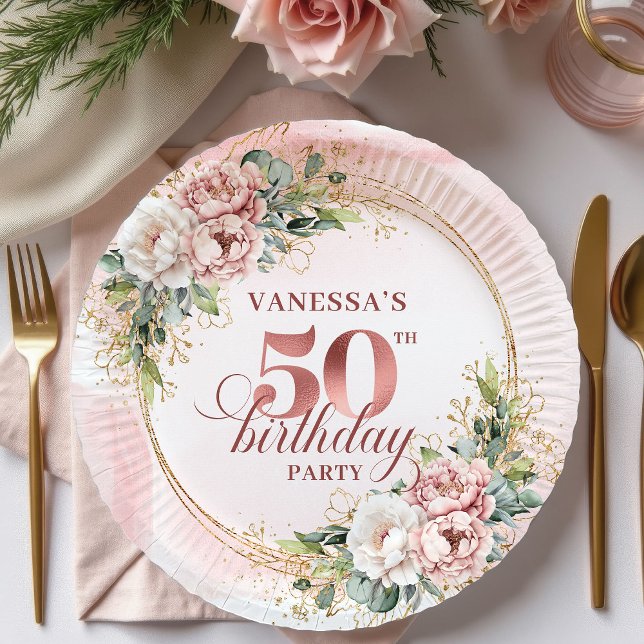 Plato De Papel Luxury Rose Gold Peonies 50th Birthday Party Plate (Luxury Rose Gold Peonies 50th Birthday Party Plates)