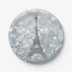 Plato De Papel Luz de brillo plateado Torre Eiffel Fiesta