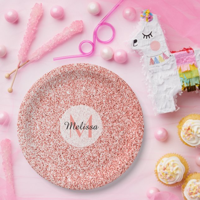 Plato De Papel Luz de coral rosa brillantes pastel bling Monogram (Fiesta)