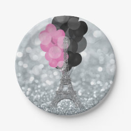 Plato De Papel Luz de plata y globos Paris Torre Eiffel Fiesta