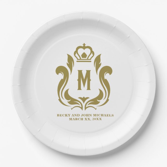 Plato De Papel M Monograma Cresta Dorada (Anverso)