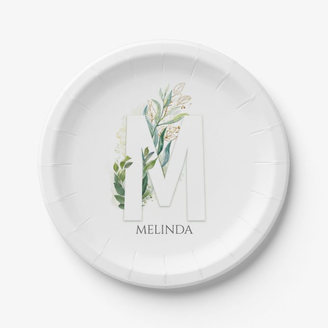 Plato De Papel M Monograma Hojas Verdes Elegantes Nombre (Anverso)