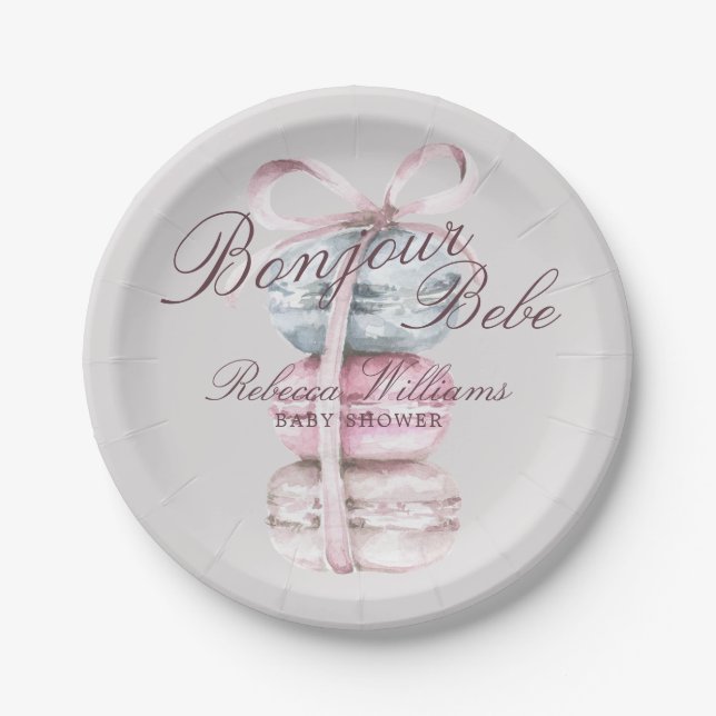 Plato De Papel Macaron Bonjour Bebe Baby Ducha (Anverso)