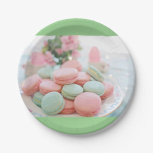 Plato De Papel Macarrones de color verde menta y rosa