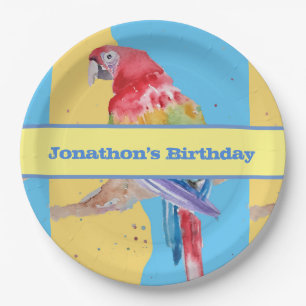 Plato De Papel Macaw Parrot Colorful Boys Niños Cumpleaños Azul