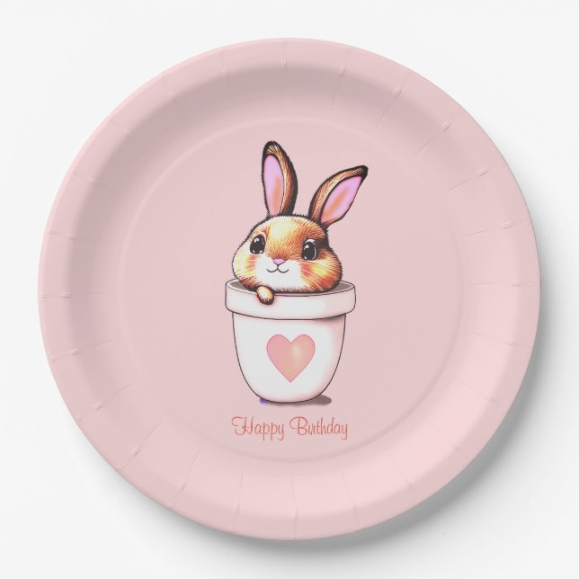Plato De Papel Maceta de conejito de cumpleaños lindo en rosa cla (Anverso)