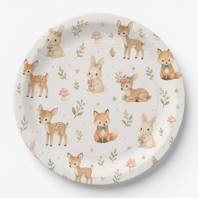 Plato De Papel Madera adorable: ciervo, conejo y diseño de guarde (Anverso)