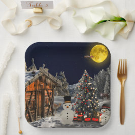 Plato De Papel Madera de árbol de navidad Snowman cabaña