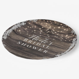 Plato De Papel Madera Marrón Ceniza Rústica Encaje y Luces Boda N