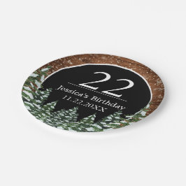 Plato De Papel Madera nevada negra y pino forestal feliz cumpleañ