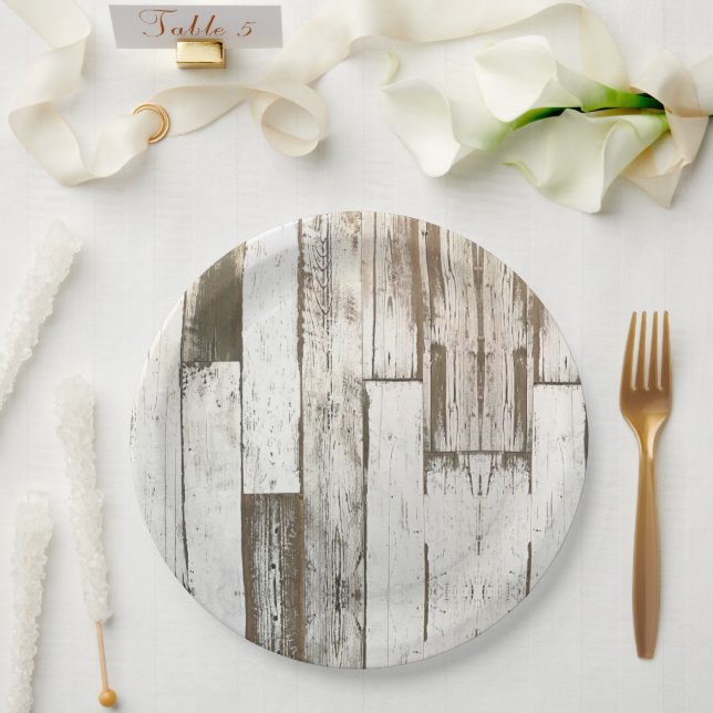 Plato De Papel Madera rústica de granero blanco con grano de made (Boda)