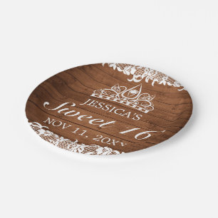 Plato De Papel Madera rústica y coraza blanca Tiara dulce 16