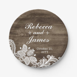 Plato De Papel Madera Rústica y Encaje Antiguo Boda Personalizada