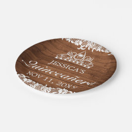 Plato De Papel Madera rústica y encaje blanco Tiara Quinceañera