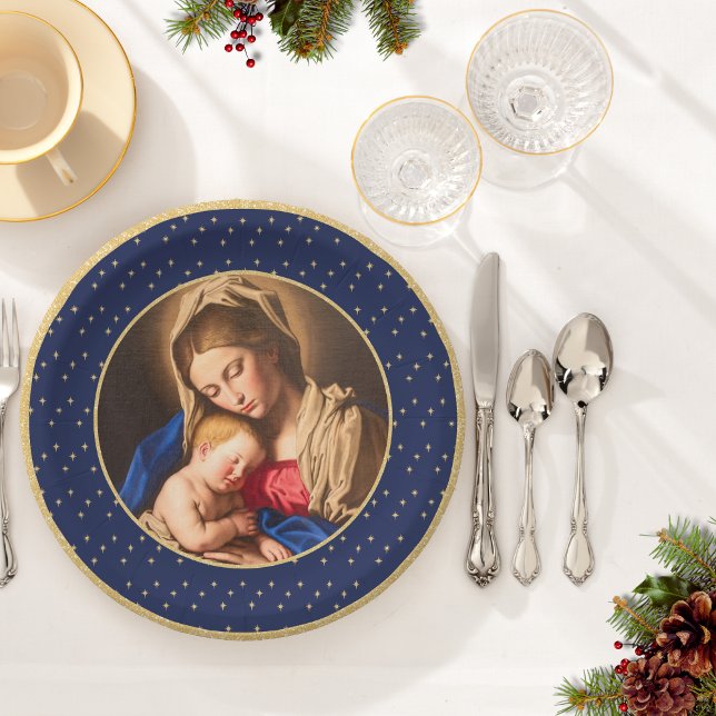 Plato De Papel Madonna y niños Navidades religiosos tradicionales (Religious Christmas plate mockup with Madonna and Child in blue and gold for Catholics & Christians.)