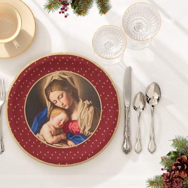 Plato De Papel Madonna y niños Navidades religiosos tradicionales (Religious Christmas plate with Madonna and Child in red and gold for Christians and Catholics)