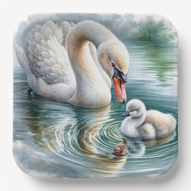Plato De Papel Madre cisne con cría (Anverso)