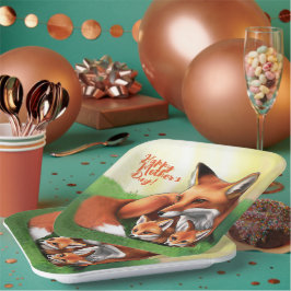 Plato De Papel Madre de Fox roja y Kits en la hierba