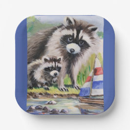 Plato De Papel Madre Raccoon, bebé y juguete Placa cuadrada de pa