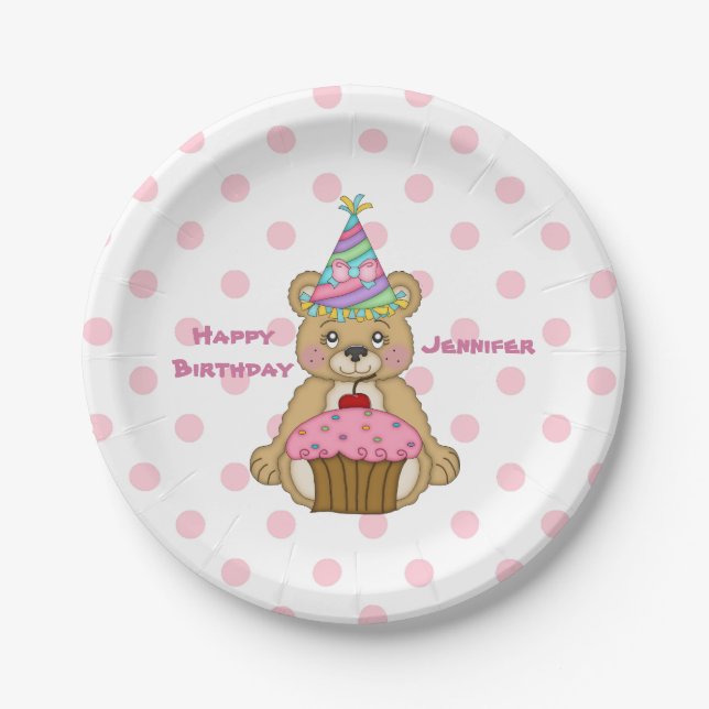 Plato De Papel Magdalena Polkadot del rosa del oso del cumpleaños (Anverso)