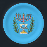 Plato De Papel Magen persa David Menorah<br><div class="desc">Esta imagen fue adaptada de una antigua teja judía persa y cuenta con una menorah con un Magen David (Estrella de David) enmarcado por ramas de olivo. Se han conservado las imperfecciones de la imagen original pintada a mano.</div>