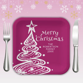 Plato De Papel Magenta Fiesta de árbol de Navidad blanco rosado