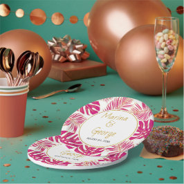 Plato De Papel Magenta moderna rosa, hojas tropicales de oro boda