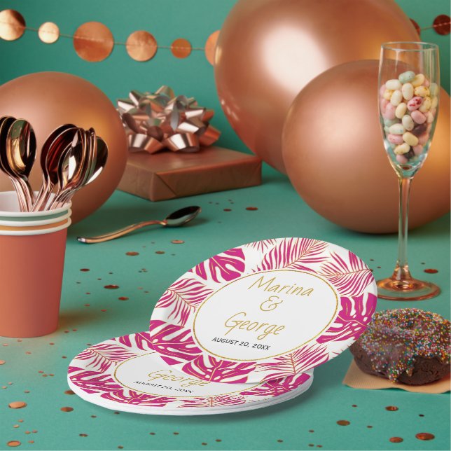 Plato De Papel Magenta moderna rosa, hojas tropicales de oro boda (Multi)