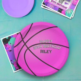 Plato De Papel Magenta Pink Basketball Feliz cumpleaños