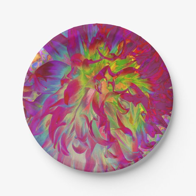 Plato De Papel Magenta psicodélica y flor de dalia amarilla (Anverso)