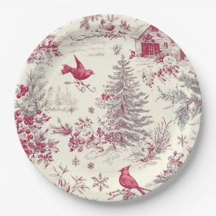 Plato De Papel Magenta Rojo Verde Navidad Toile Crema Invierno
