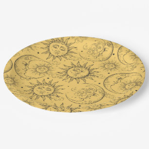Plato De Papel Magia Amarilla Vintage Sol Celestial Luna Estrella
