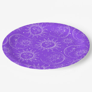 Plato De Papel Magia Purpura Vintage Cielo Sol Luna Estrellas
