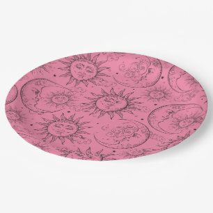 Plato De Papel Magia Rosa Vintage Celestial Sol Luna Estrellas