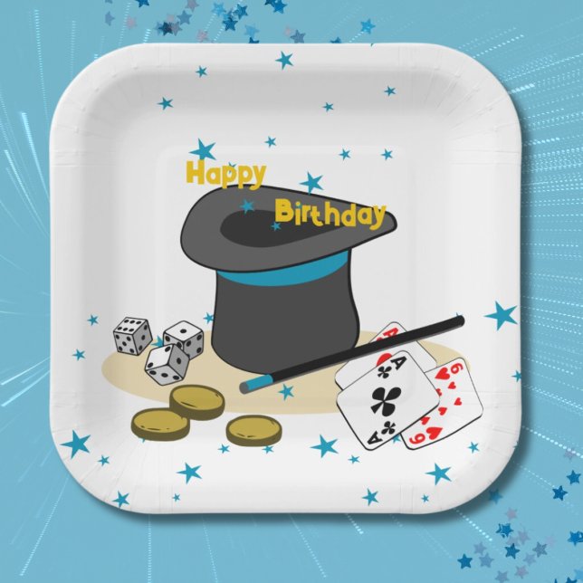 Plato De Papel Magic Show Happy Birthday Kids Fiesta Square (Magic Show Happy Birthday Kids Party Square Paper Plates, Blue Stars)